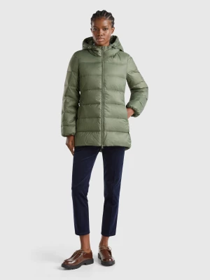 Benetton, Long Puffer Jacket With Recycled Down, size L, Military Green, Women United Colors of Benetton