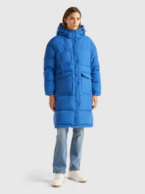 Benetton, Long Puffer Jacket With Recycled Feathers, size S, Air Force Blue, Women United Colors of Benetton