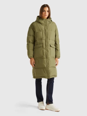 Benetton, Long Puffer Jacket With Recycled Feathers, size S, Military Green, Women United Colors of Benetton