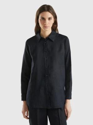 Benetton, Long Shirt In Pure Linen, size L, Black, Women United Colors of Benetton