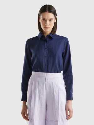 Benetton, Long Shirt In Pure Linen, size L, Dark Blue, Women United Colors of Benetton