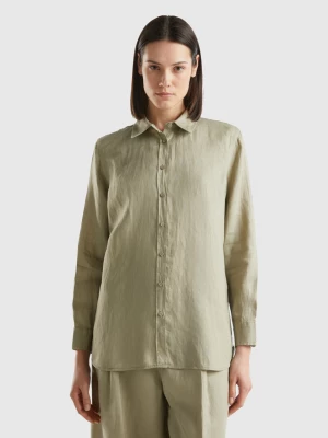 Benetton, Long Shirt In Pure Linen, size L, Light Green, Women United Colors of Benetton