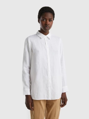 Benetton, Long Shirt In Pure Linen, size L, White, Women United Colors of Benetton
