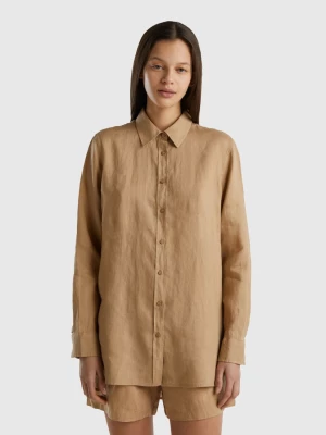 Benetton, Long Shirt In Pure Linen, size M, Camel, Women United Colors of Benetton