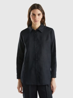 Benetton, Long Shirt In Pure Linen, size S, Black, Women United Colors of Benetton