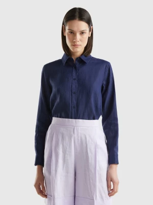 Benetton, Long Shirt In Pure Linen, size S, Dark Blue, Women United Colors of Benetton