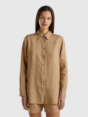 Benetton, Long Shirt In Pure Linen, size XL, Camel, Women United Colors of Benetton