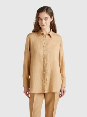 Benetton, Long Shirt In Pure Linen, size XXS, Camel, Women United Colors of Benetton