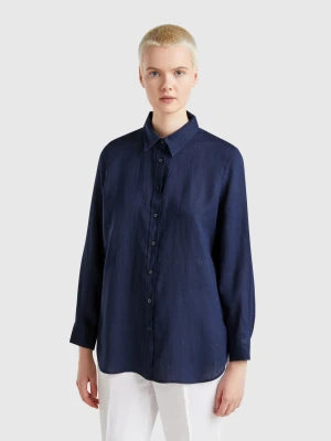 Benetton, Long Shirt In Pure Linen, size XXS, Dark Blue, Women United Colors of Benetton