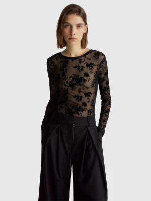 Benetton, Long Sleeve Bodysuit In Stretch Lace, Size: S, Black, Women United Colors of Benetton