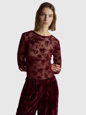 Benetton, Long Sleeve Bodysuit In Stretch Lace, Size: XS, Burgundy, Women United Colors of Benetton
