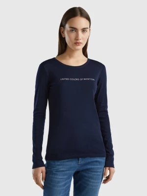 Benetton, Long Sleeve Dark Blue T-shirt In 100% Cotton, size L, Dark Blue, Women United Colors of Benetton