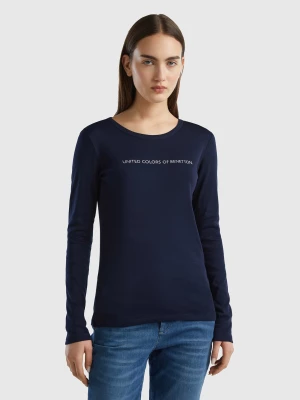 Benetton, Long Sleeve Dark Blue T-shirt In 100% Cotton, size L, Dark Blue, Women United Colors of Benetton