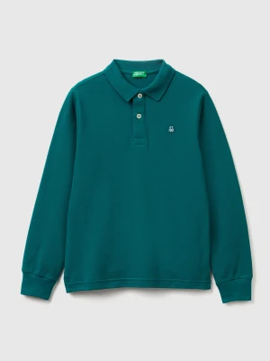 Benetton, Long Sleeve Polo In Cotton, size XL, Dark Green, Kids United Colors of Benetton