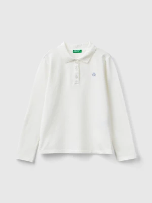 Benetton, Long Sleeve Polo In Organic Cotton, size M, Creamy White, Kids United Colors of Benetton