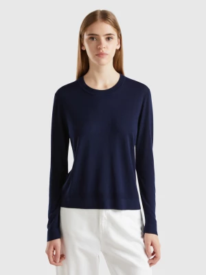 Benetton, Long Sleeve Sweater In Silk Blend, size S, Dark Blue, Women United Colors of Benetton