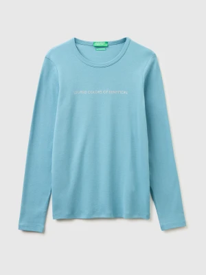 Benetton, Long Sleeve T-shirt With Glitter Logo, Size: XXS, Light Blue, Women United Colors of Benetton