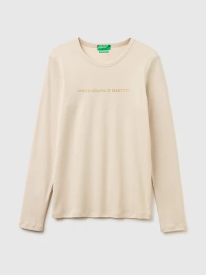 Benetton, Long Sleeve T-shirt With Glitter Logo, Size: XS, Beige, Women United Colors of Benetton