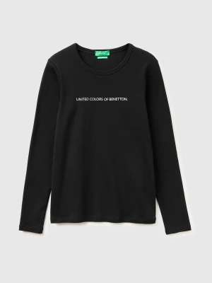 Benetton, Long Sleeve T-shirt With Glitter Logo, Size: M, Black, Women United Colors of Benetton