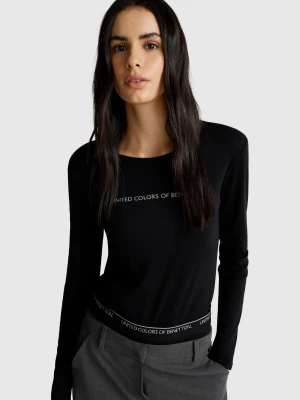 Benetton, Long Sleeve T-shirt With Glitter Logo, Size: XXS, Black, Women United Colors of Benetton