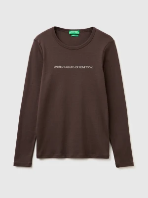 Benetton, Long Sleeve T-shirt With Glitter Logo, Size: XXS, Brown, Women United Colors of Benetton