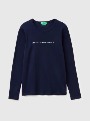 Benetton, Long Sleeve T-shirt With Glitter Logo, Size: XXS, Dark Blue, Women United Colors of Benetton
