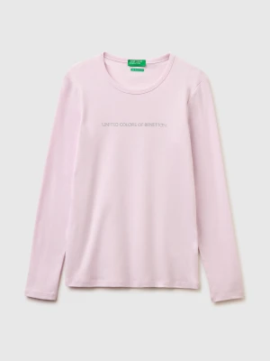 Benetton, Long Sleeve T-shirt With Glitter Logo, Size: XXS, Soft Pink, Women United Colors of Benetton