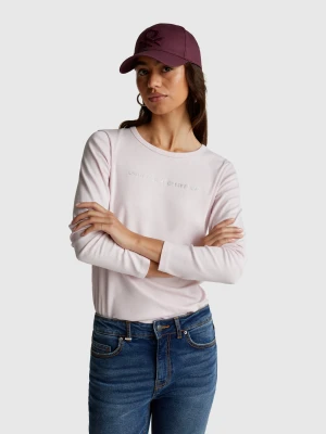 Benetton, Long Sleeve T-shirt With Glitter Logo, Size: XXS, Soft Pink, Women United Colors of Benetton
