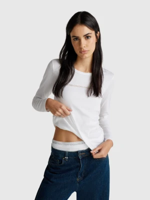 Benetton, Long Sleeve T-shirt With Glitter Logo, Size: XXS, White, Women United Colors of Benetton