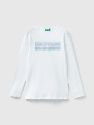 Benetton, Long Sleeve T-shirt With Glitter Print, size 2XL, White, Kids United Colors of Benetton