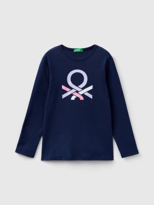 Benetton, Long Sleeve T-shirt With Glitter Print, size L, Dark Blue, Kids United Colors of Benetton