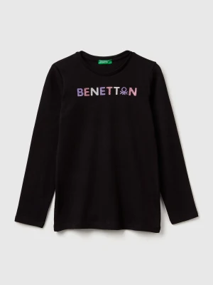 Benetton, Long Sleeve T-shirt With Glitter Print, Size: S, Black, Kids United Colors of Benetton
