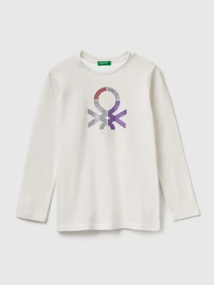 Benetton, Long Sleeve T-shirt With Glitter Print, size XL, Creamy White, Kids United Colors of Benetton