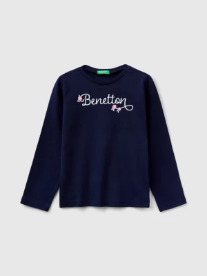 Benetton, Long Sleeve T-shirt With Glittery Print, size 110, Dark Blue, Kids United Colors of Benetton