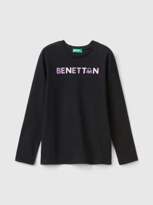 Benetton, Long Sleeve T-shirt With Glittery Print, size 2XL, Black, Kids United Colors of Benetton