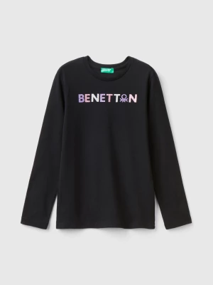 Benetton, Long Sleeve T-shirt With Glittery Print, size 2XL, Black, Kids United Colors of Benetton