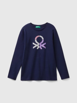 Benetton, Long Sleeve T-shirt With Glittery Print, size 2XL, Dark Blue, Kids United Colors of Benetton