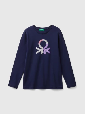 Benetton, Long Sleeve T-shirt With Glittery Print, size 2XL, Dark Blue, Kids United Colors of Benetton