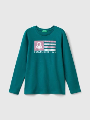 Benetton, Long Sleeve T-shirt With Glittery Print, size 2XL, Dark Green, Kids United Colors of Benetton