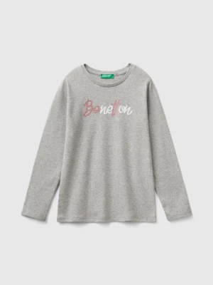 Benetton, Long Sleeve T-shirt With Glittery Print, size 2XL, Light Gray, Kids United Colors of Benetton