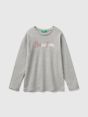 Benetton, Long Sleeve T-shirt With Glittery Print, size 2XL, Light Gray, Kids United Colors of Benetton