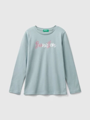 Benetton, Long Sleeve T-shirt With Glittery Print, size 2XL, Pearl Gray, Kids United Colors of Benetton