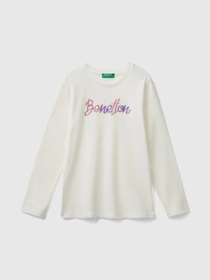 Benetton, Long Sleeve T-shirt With Glittery Print, size 3XL, Creamy White, Kids United Colors of Benetton