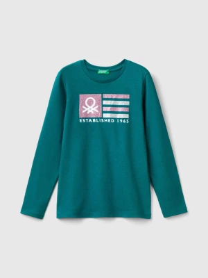 Benetton, Long Sleeve T-shirt With Glittery Print, size 3XL, Dark Green, Kids United Colors of Benetton