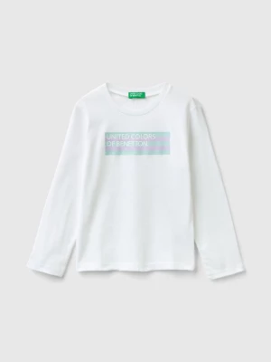 Benetton, Long Sleeve T-shirt With Glittery Print, size 98, White, Kids United Colors of Benetton