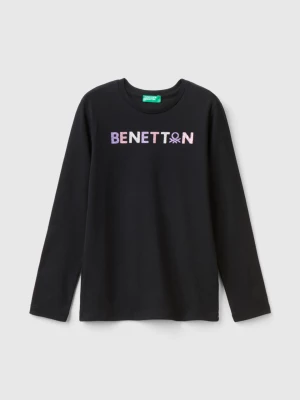 Benetton, Long Sleeve T-shirt With Glittery Print, size L, Black, Kids United Colors of Benetton