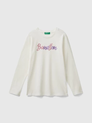 Benetton, Long Sleeve T-shirt With Glittery Print, size L, Creamy White, Kids United Colors of Benetton