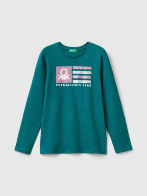 Benetton, Long Sleeve T-shirt With Glittery Print, size L, Dark Green, Kids United Colors of Benetton