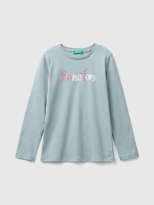 Benetton, Long Sleeve T-shirt With Glittery Print, size L, Pearl Gray, Kids United Colors of Benetton