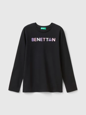 Benetton, Long Sleeve T-shirt With Glittery Print, size M, Black, Kids United Colors of Benetton